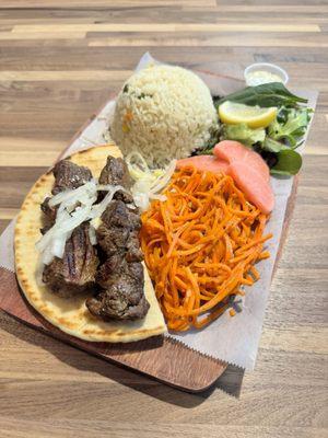 Beef Kebab with Korean-Styled Carrot and rice.