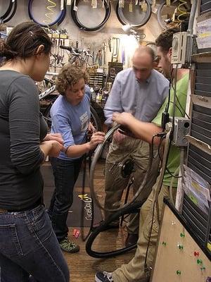 Fix-A-Flat class, 2009. John here teaches a hands-on repair class. Call for info about our current classes! 617-524-BIKE.