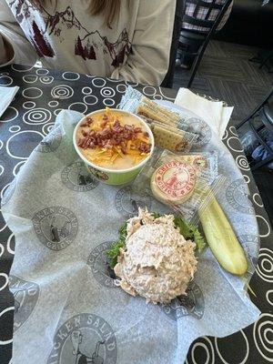 BarBQ Chicken Salad with Loaded Potato Soup.