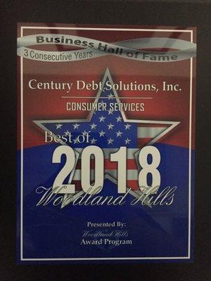 Century Debt Solutions, Inc. earns the 2018 Consumer Services Award from 3 years in a row.