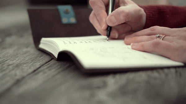 Product shot of a completed leather journal in use.