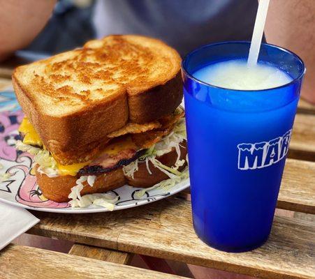 Fried Bologna sandwich and margarita