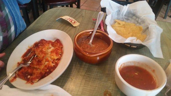 Kids Enchilada with beans, chips and salsa