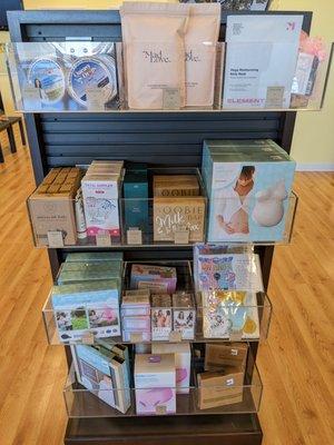 Preggie pops, belly mask, belly cast kit, fetal doppler, gender reveal kits, lactation supplies, postpartum undies.