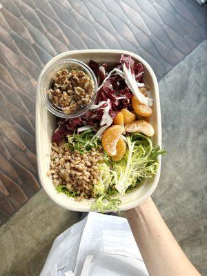 Salad served week of November 29th! Frisée and radicchio with farro, toasted walnuts, and satsuma mandarins.