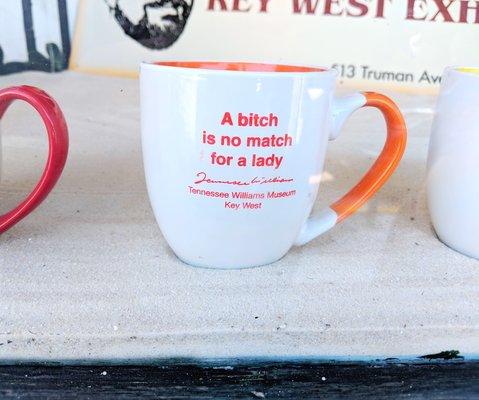 Key West Business Guild -- Novelty Mugs in display window of office (loved this Tennessee Williams quote!)