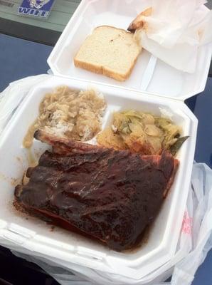 Ribs with fried cabbage and rice and gravy