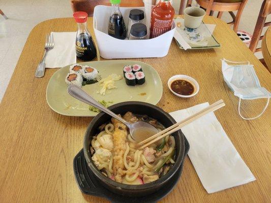 Tempura appetizer, spicy tuna , tuna roll, and Osaka udon soup.