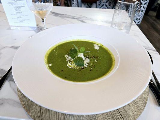 Chilled Pea & Mint Soup  crème fraiche | parmasean |    aleppo pepper