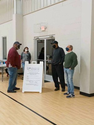 Sgt. Jamie Harrison our Health/Safety Officer chatting with Pastors  Derrick Jackson and Bill Jacoby, Minister Chris Ford.