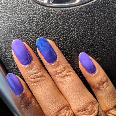 Shellac with purple/blue ombre accent nail in Long Beach!