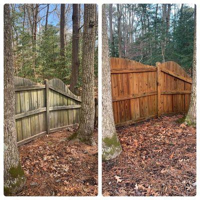 Fence restoration! Can't do this with just a pressure washer! Call or text us at (757)707-1967