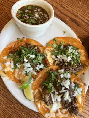 Birria tacos ( beef ) with consomé soup