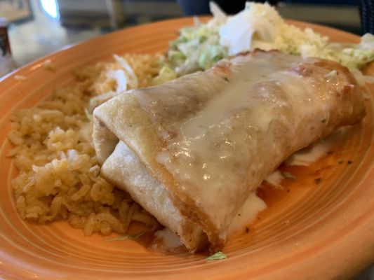 Chicken Chimichanga. Very hot and fresh but needed more red sauce and cheese sauce.