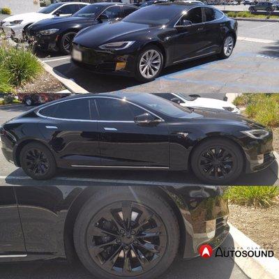 Powder coated wheels on this brand new Tesla Model S. Contact us for powder coating, we do it all in house: (661) 286-1100