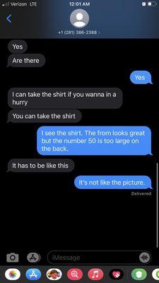 Screenshot of text exchange after I saw the shirt