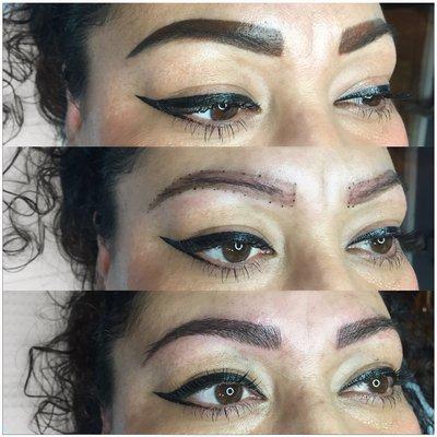 Client drawing (top) outline (middle) after Microblading (bottom)