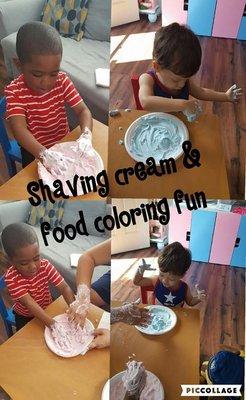 Shaving cream and food coloring.