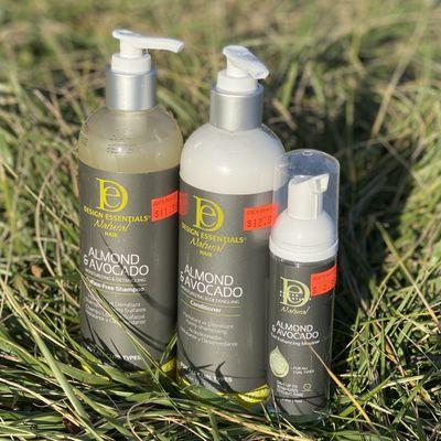 Design Essentials Almond & Avocado shampoo, conditioner, and curl-enhancing mousse