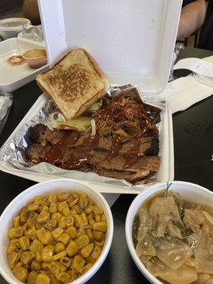 2 meat combo - pulled pork, smoked brisket, corn, and  smothered cabbage