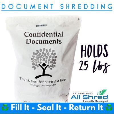 Our large shredding bags are available to order online with free shipping. Stuff it, Seal it, Return it! Very simple. No additional fees.