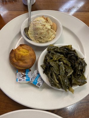 Side of collard greens, banana pudding and a corn muffin