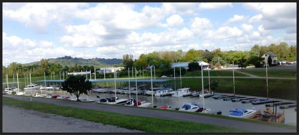 View from the storage buildings toward the floating docks