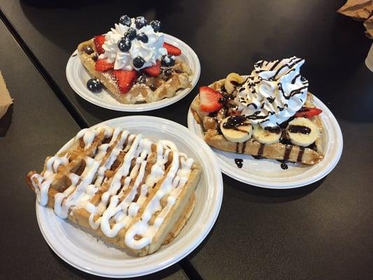 Cinnamon bun waffle and two waffles with fruit