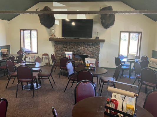 Bison House fireplace and Buffalo mounts