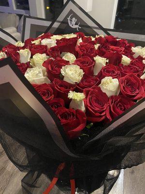 100 Red and White Roses Wrapped