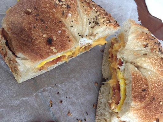 Bacon egg and cheese on everything bagel