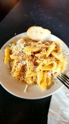 Daily pasta special during lunch hours. The Cajun pasta with shrimp and crab mixed in with parmesan and red pepper flakes on top.