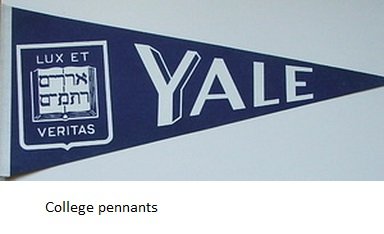 College pennants, including Yale, Harvard, Princeton, Dartmouth and Stanford