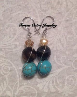 Handmade Bronze Crystal, Faceted Onyx and Turquoise Magnesite Wire-Wrapped Earrings