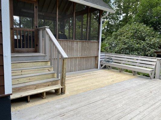 Deck repair job. Replaced joist, jacked deck up, replaced deck boards, replaced stair stringers and boards (all rotted).