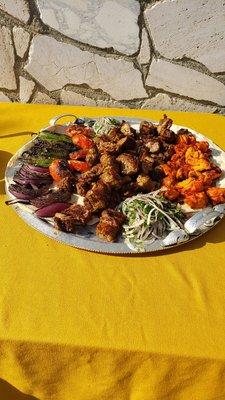 Ribeye shish Kabob, Chicken Kabobs with roasted vegetables