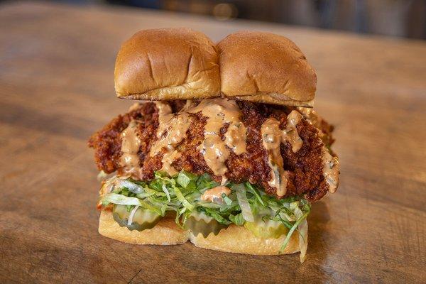 THE HOT CHICK spicy fried chicken breast, secret sauce, pickles, lettuce