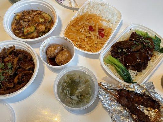 About $46: Beef Tripe in Chili Sauce, Pork Belly, Tea Egg, Shredded Potato Combo & Soup, Beef Noodle Soup, Lamb Skewer