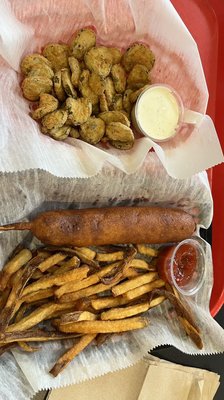 Fried pickles, corn dog and fries.