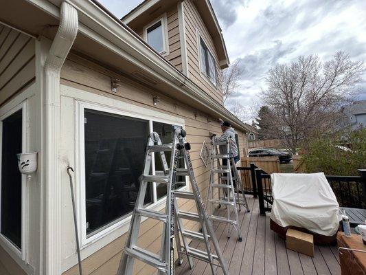 New install replaced clients old damaged awning.  Setting wall mount brackets