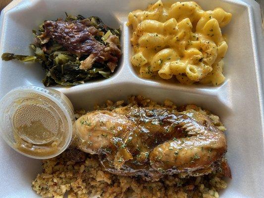 Glazed Cornish Hen Macaroni and Cheese Collard Greens