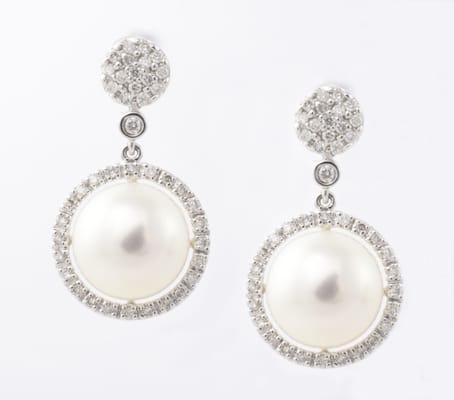 14 Kt White Gold Diamond and Pearl Earrings