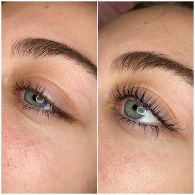 Before and after of a lash lift and tint