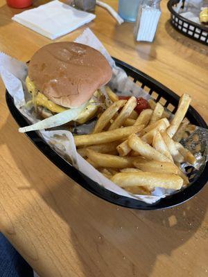 Cheeseburger all the way with fries, $8 and worth it.