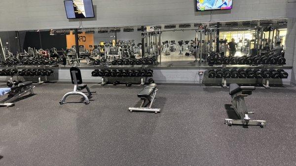 Weights on rack. Nice and neat.