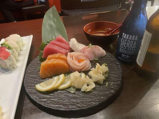 Deluxe Sashimi, Rainbow Roll, Kirin & Sake. The miso soup was a bonus.