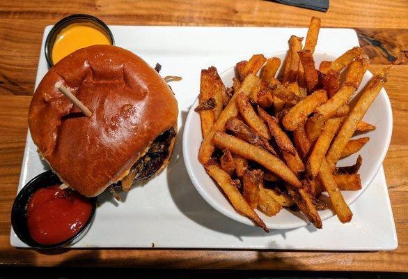 Bleu Shroom Burger, fries, Sriracha sauce, ketchup