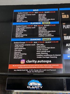 Hand Car Wash Menu