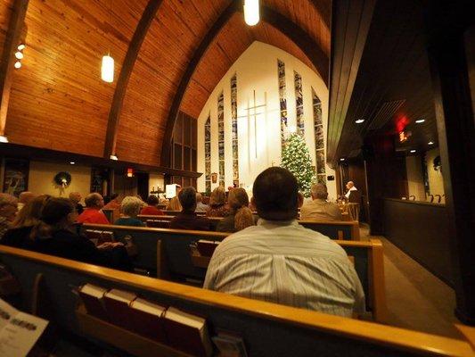 Christmas Eve Service - normally you can see the light through the stained glass - but here you can see the interesting vaulted ceiling!