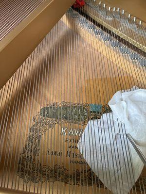 Cleaning the soundboard of a beautiful Kawai Baby Grand in Pittsburgh